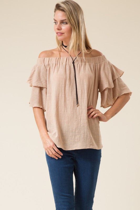 Leslie Off Shoulder Ruffle Sleeve Linen Top in Almond-Love In-The Bugs Ear