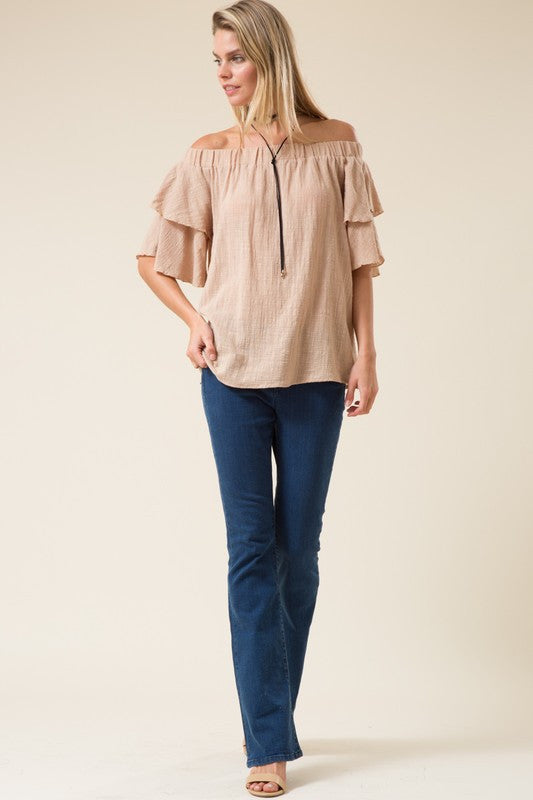 Leslie Off Shoulder Ruffle Sleeve Linen Top in Almond-Love In-The Bugs Ear