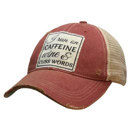I Run On Caffeine Wine and Cuss Words Distressed Trucker Cap-Vintage Life-The Bugs Ear