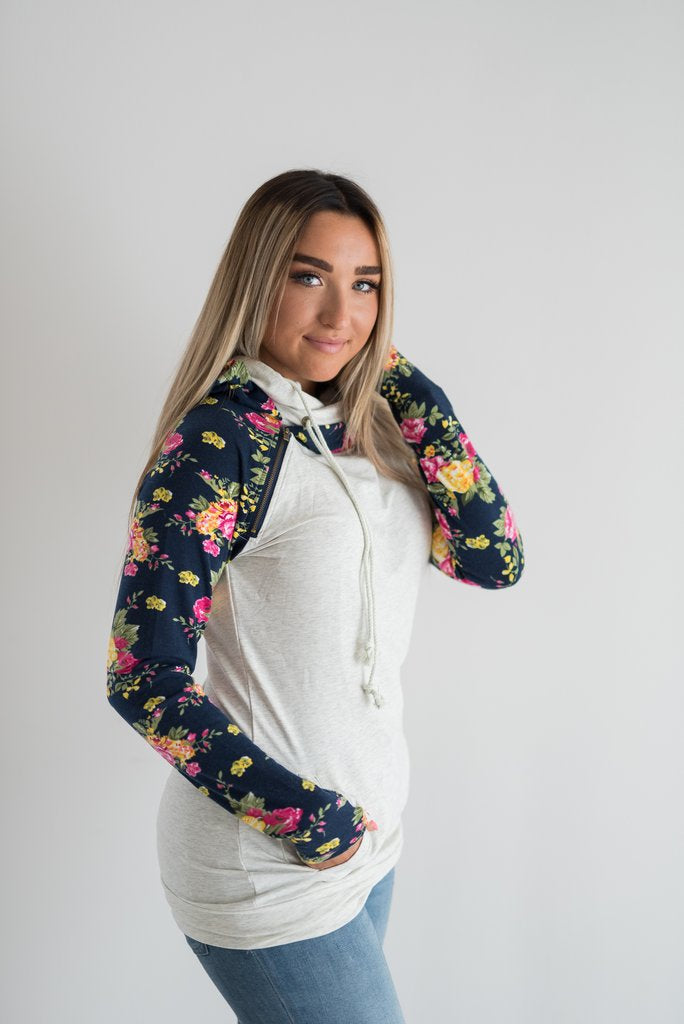 Ampersand Ave Navy Floral Accent DoubleHood Sweatshirt-Ampersand Ave-The Bugs Ear