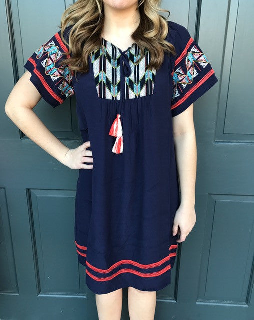 Kaya Short Sleeve Dress With Aztec Design-THML-The Bugs Ear