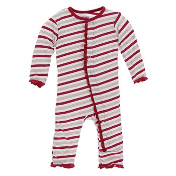 KicKee Pants Holiday Print Classic Ruffle Coverall Snaps in Rose Gold Candy Cane Stripe-KicKee Pants-The Bugs Ear