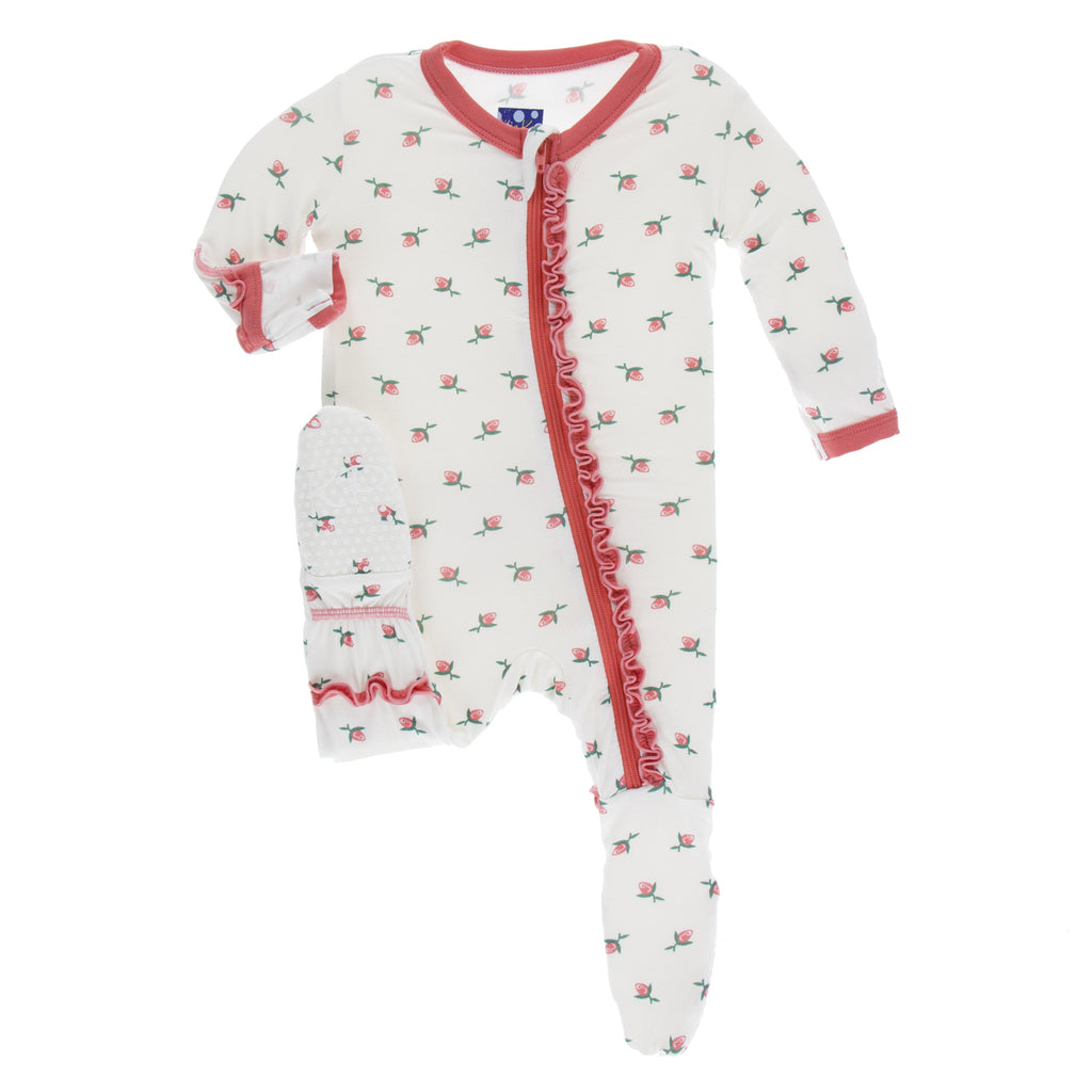 KicKee Pants London Muffin Ruffle Footie with Zipper in Natural Rose Bud-KicKee Pants-The Bugs Ear