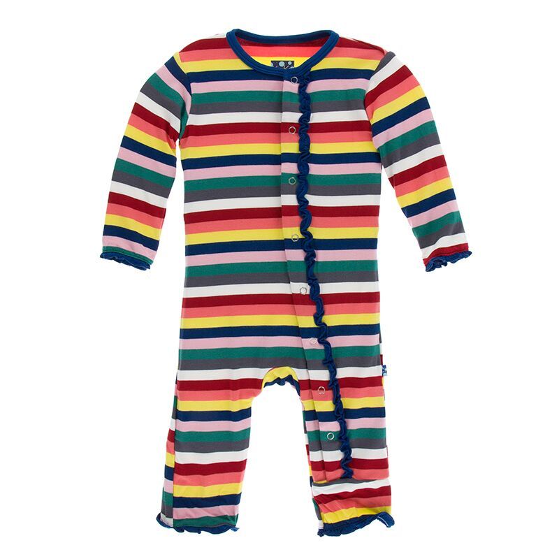 KicKee Pants London Muffin Ruffle Coverall with Snaps in Bright London Stripe-KicKee Pants-The Bugs Ear