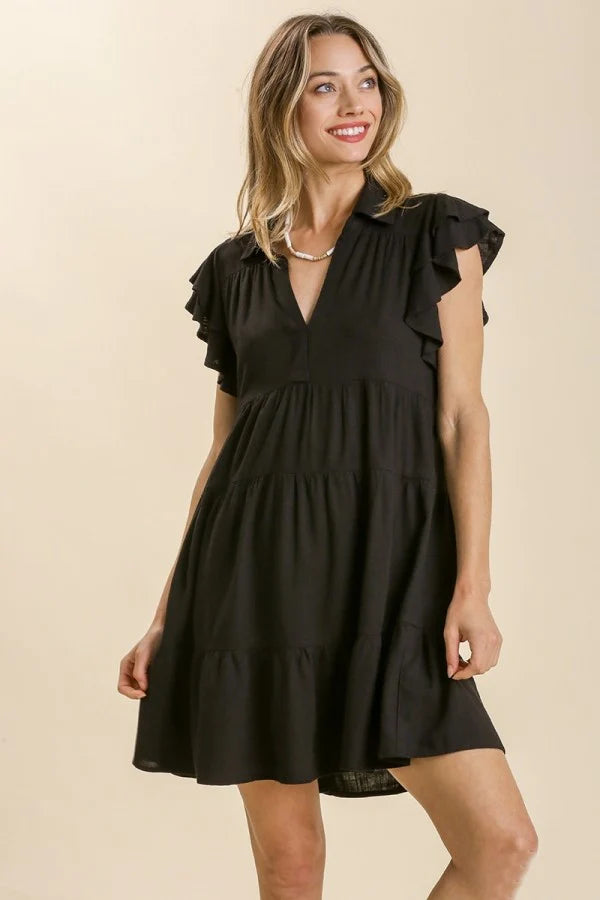 Harper Black Linen Blend Tiered Dress with Ruffled Sleeves-Umgee-The Bugs Ear