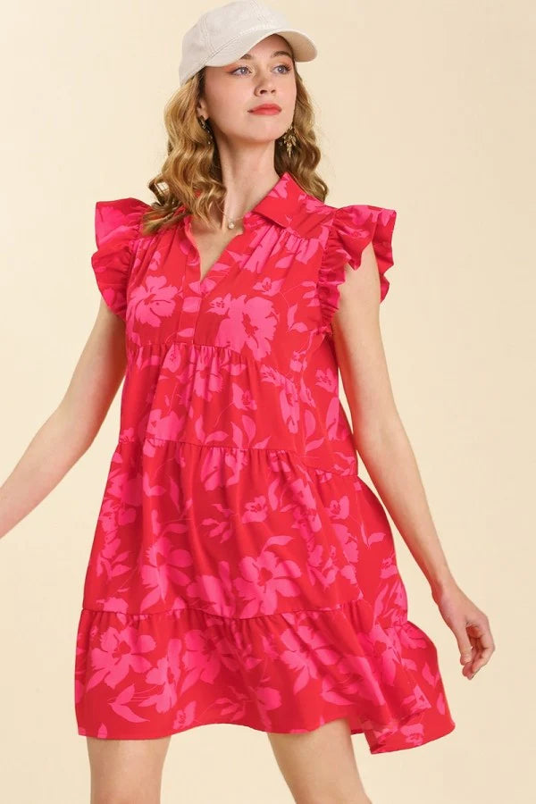 Michelle Floral Print Collar Tiered Dress in Red Mix-Umgee-The Bugs Ear