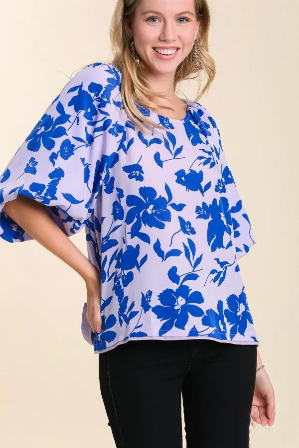 Mallory Graphic Floral Print Boat Neck High Low Split Hem Top in Lavender Mix-Umgee-The Bugs Ear