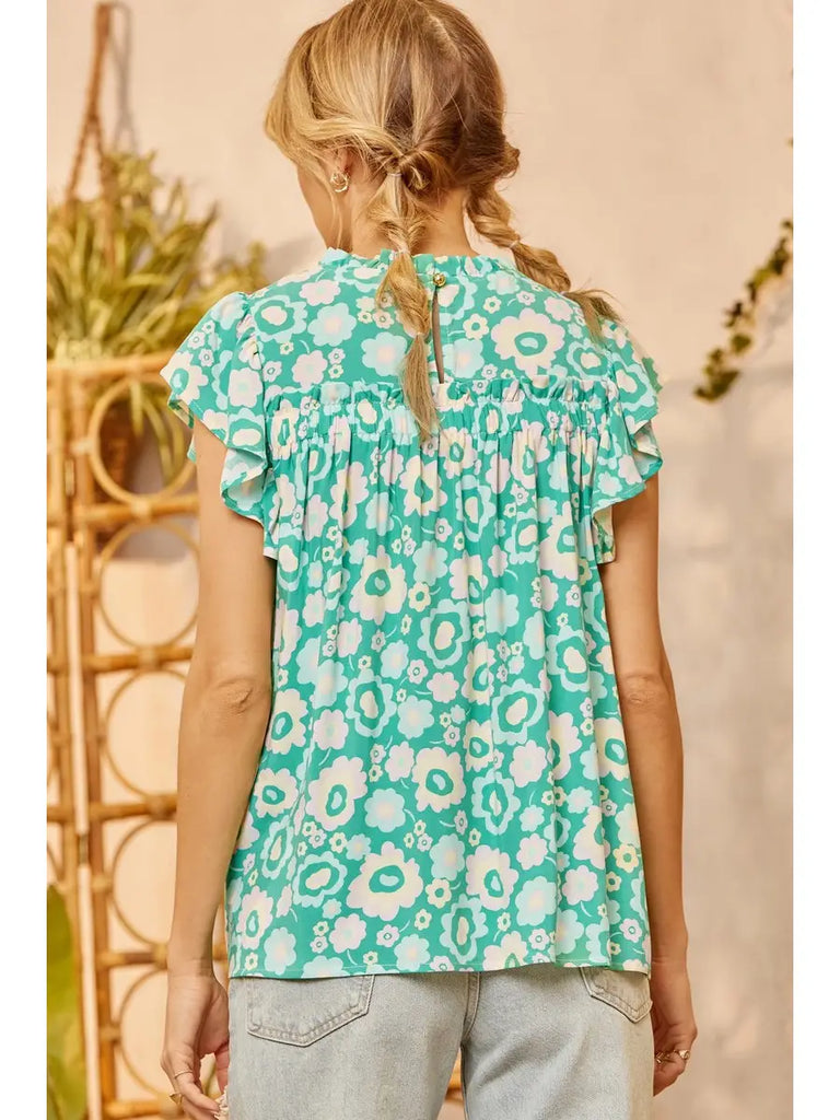 Green Flower Print Flutter Sleeves Top-Andree by Unit-The Bugs Ear