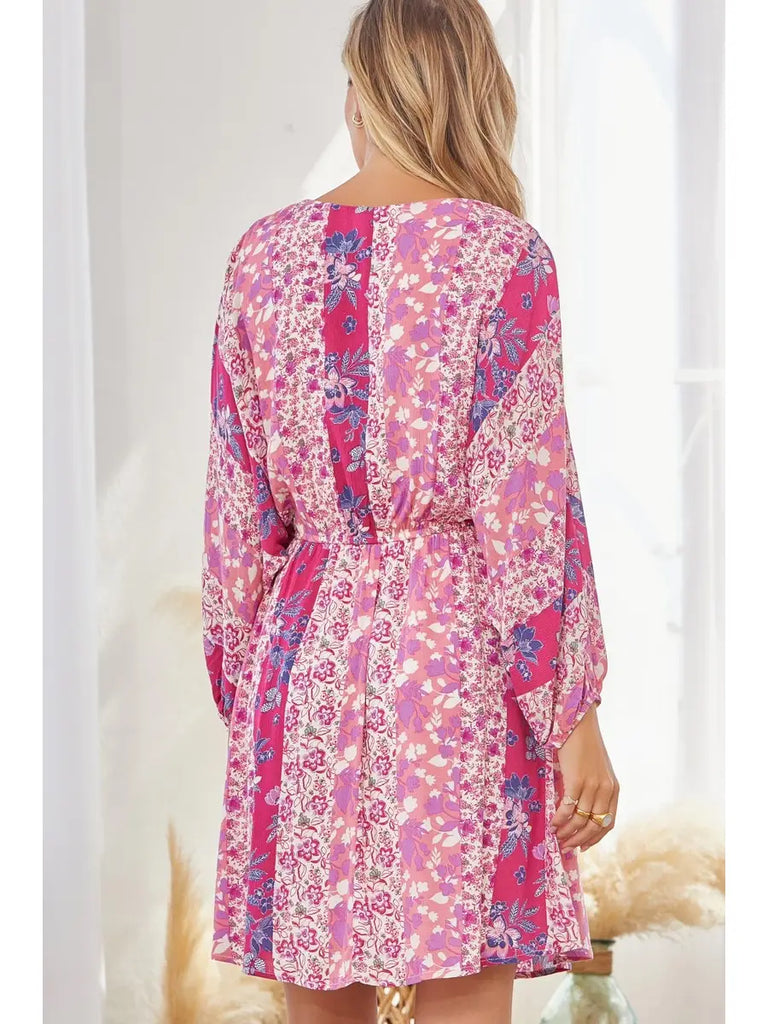 Pretty in Pink V Neck Print Dress-Andree by Unit-The Bugs Ear