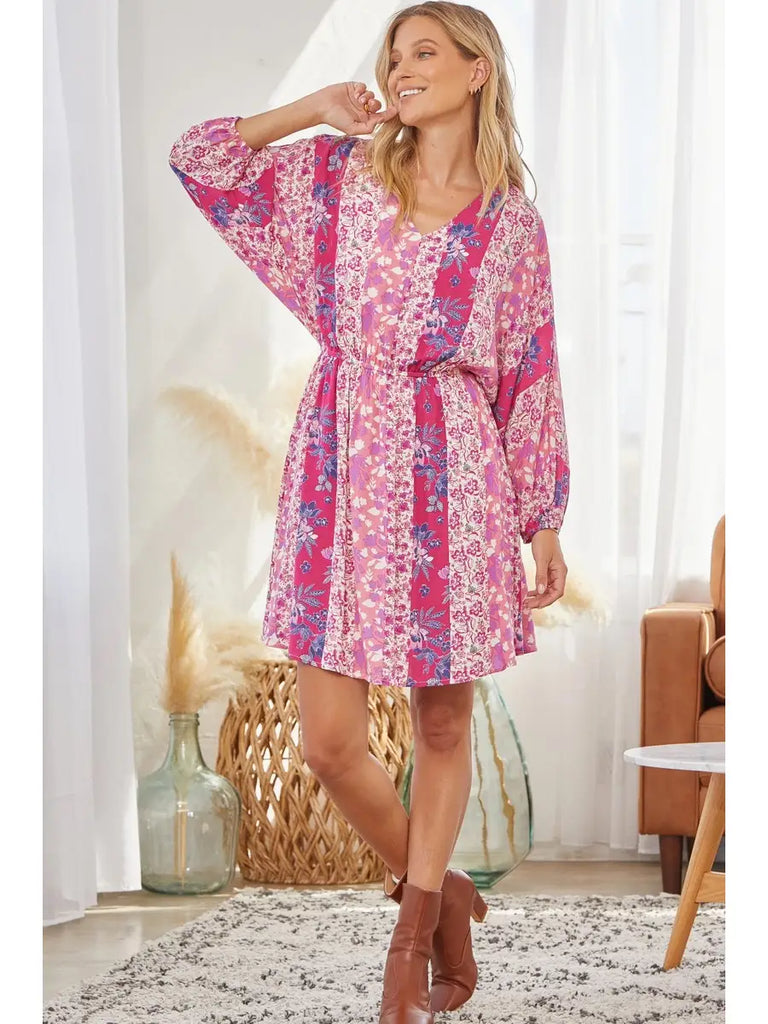 Pretty in Pink V Neck Print Dress-Andree by Unit-The Bugs Ear