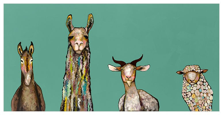 Donkey, Llama, Goat, Sheep on Teal Wall Art 36x18-Greenbox-The Bugs Ear