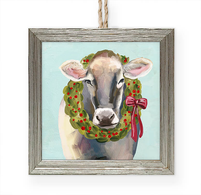 Festive Cow Embellished Wooden Framed Ornament-Greenbox-The Bugs Ear