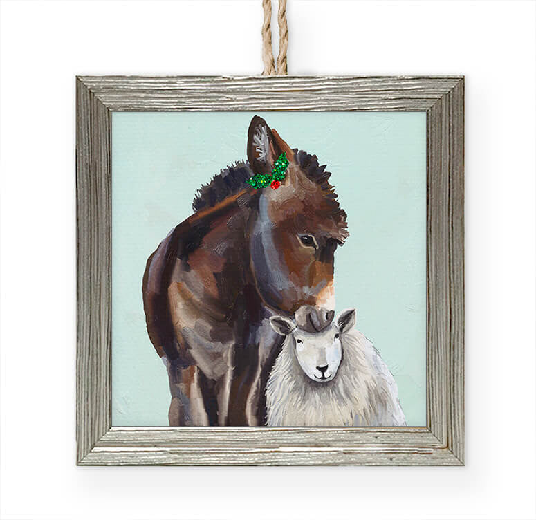 Festive Donkey and Sheep Embellished Wooden Framed Ornament-Greenbox-The Bugs Ear