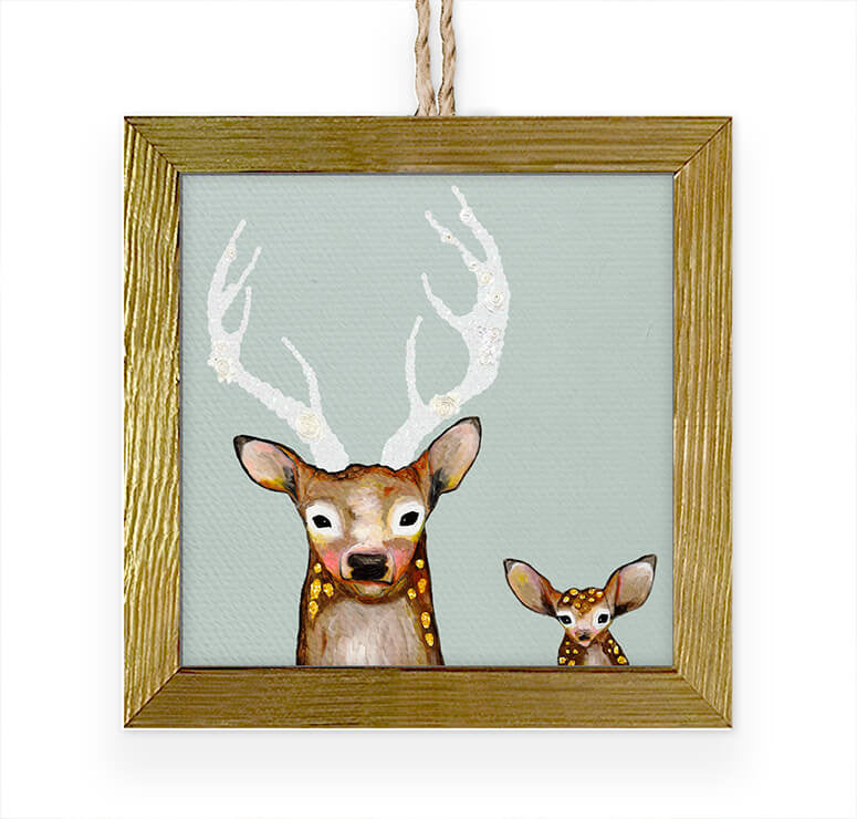 Frosted Buck and Baby Embellished Wooden Framed Ornament-Greenbox-The Bugs Ear