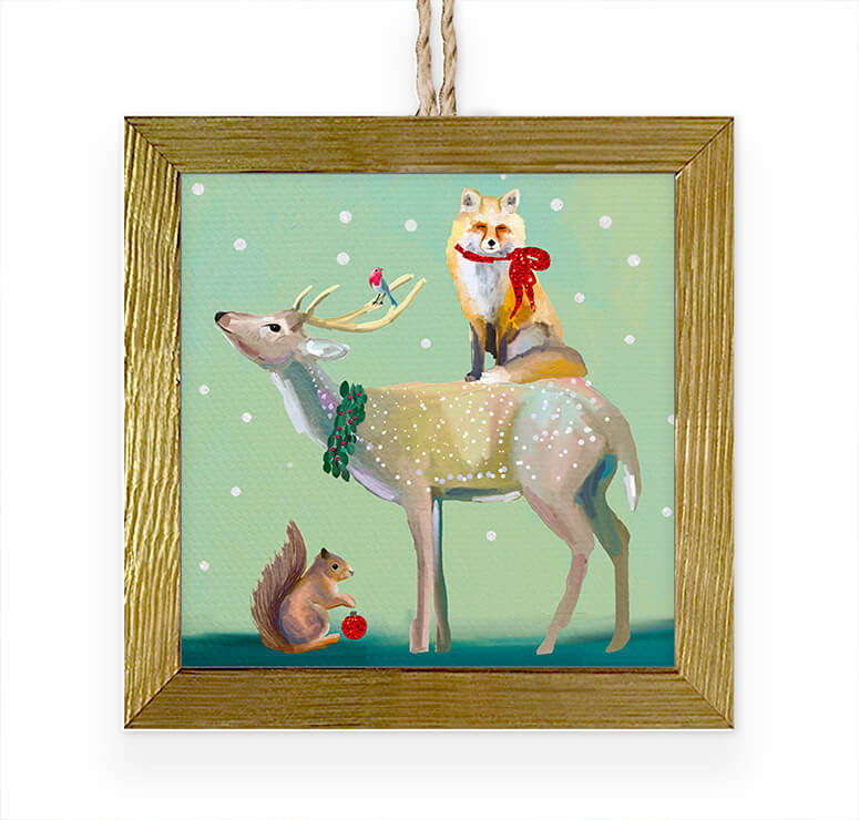 Wondrous Buck, Fox and Squirrel Embellished Wooden Framed Ornament-Greenbox-The Bugs Ear