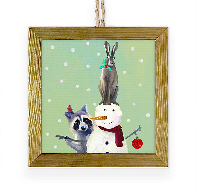 Wondrous Snowman, Raccoon And Rabbit Embellished Wooden Framed Ornament-Greenbox-The Bugs Ear