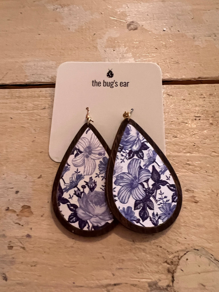 Wood Blue Dramatic Florals Vegan Leather Dangle Teardrop Earrings-AIRYELLE DESIGNS-The Bugs Ear