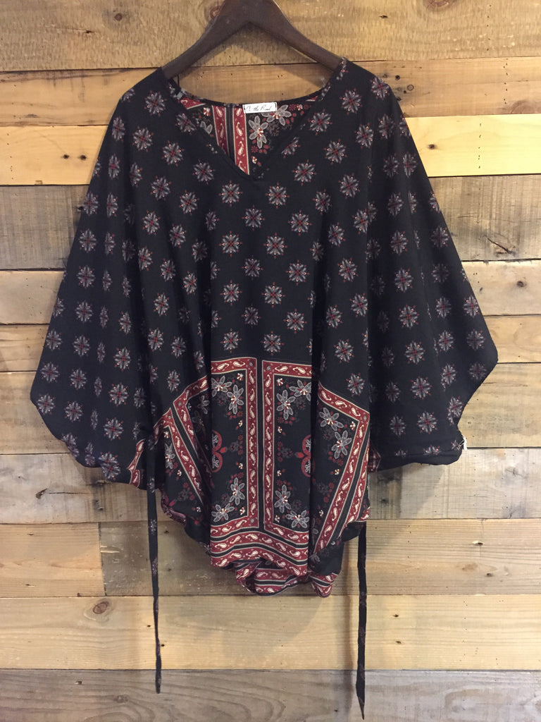Ginny Black Patterned Tie Waist Poncho Blouse-On The Road-The Bugs Ear