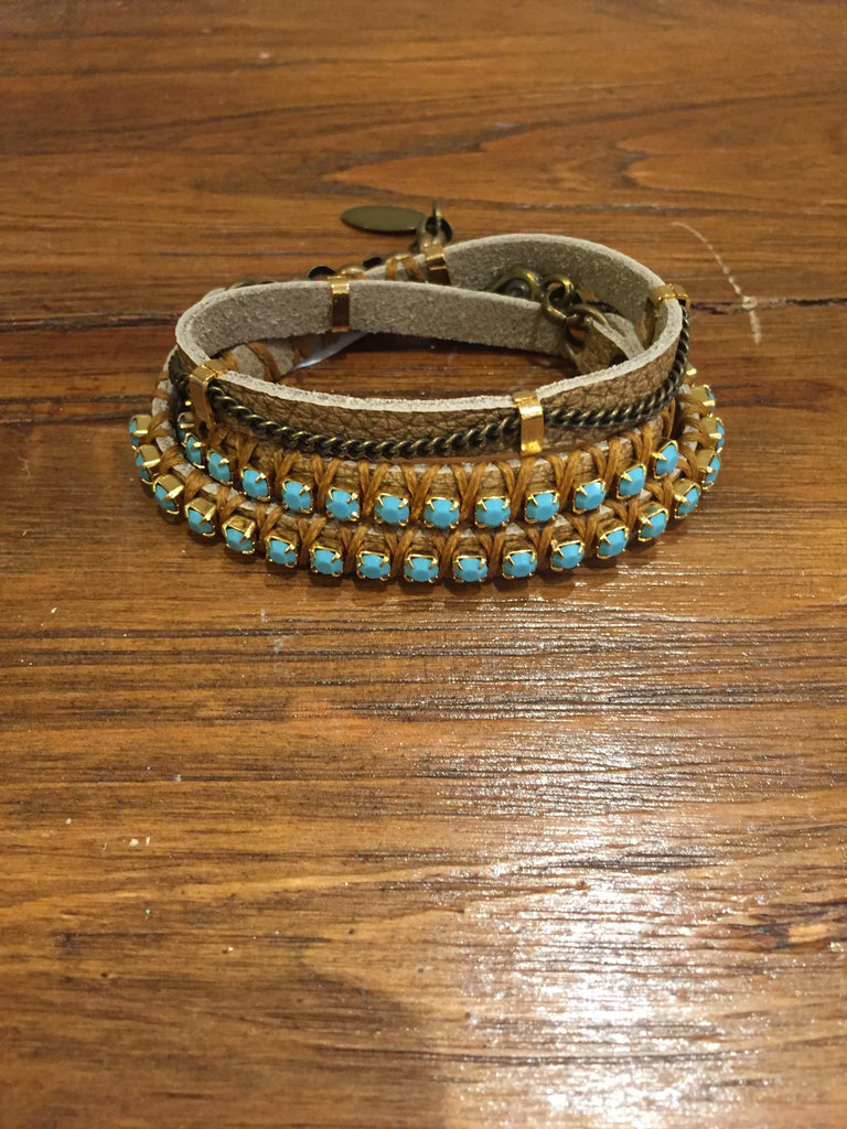 Dayla Camel Leather Wrap Bracelet With Turquoise Stones-La Hola-The Bugs Ear