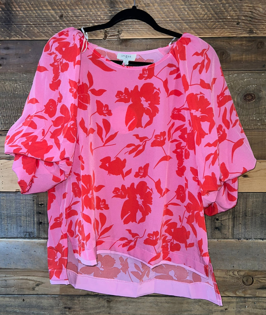 Mallory Graphic Floral Print Boat Neck High Low Split Hem Top in Rose Mix-Umgee-The Bugs Ear