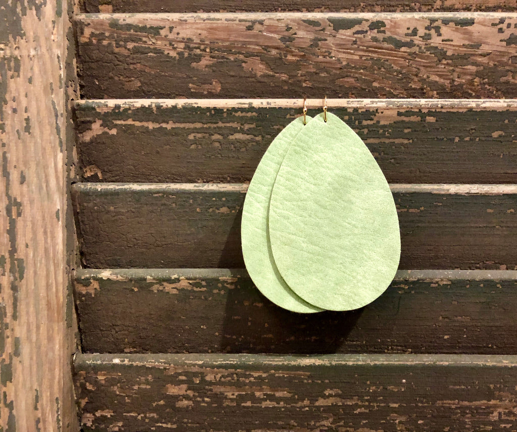 Leather Teardrop Earrings Mint Green-Golden Stella-The Bugs Ear