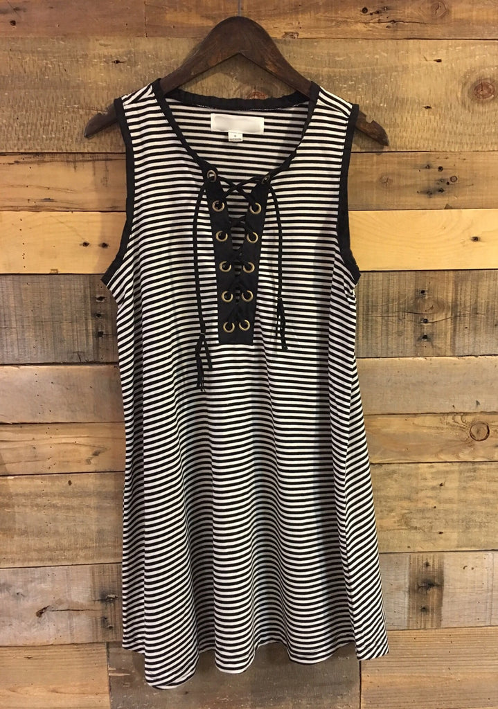 Bailey Black and Ivory Striped Lace Up Dress-Vintage Havana-The Bugs Ear