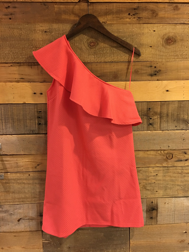 Cupcakes and Cashmere Tex Coral Colored One Shoulder Ruffle Dress-Cupcakes and Cashmere-The Bugs Ear