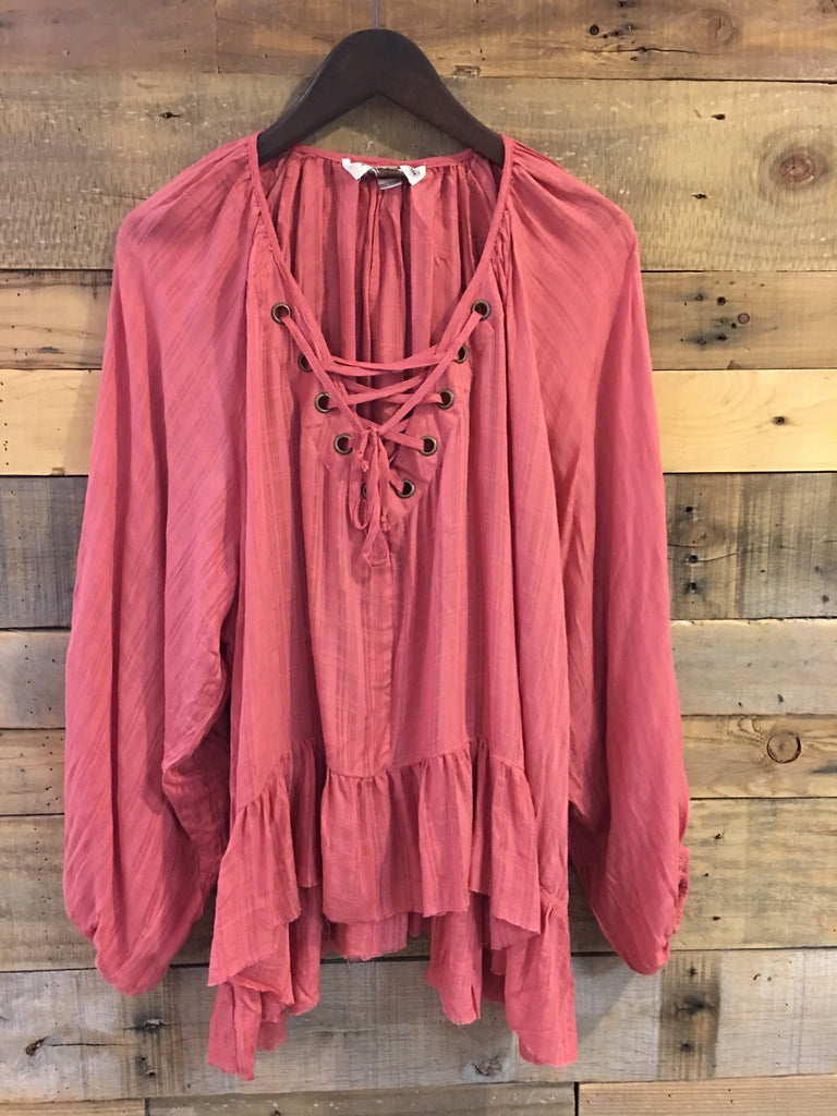 Christine Front Lace Up Oversized Light Weight Blouse-Vintage Havana-The Bugs Ear