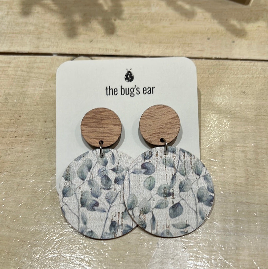 Wood Round Eucalyptus Leather Cork Earrings-AIRYELLE DESIGNS-The Bugs Ear