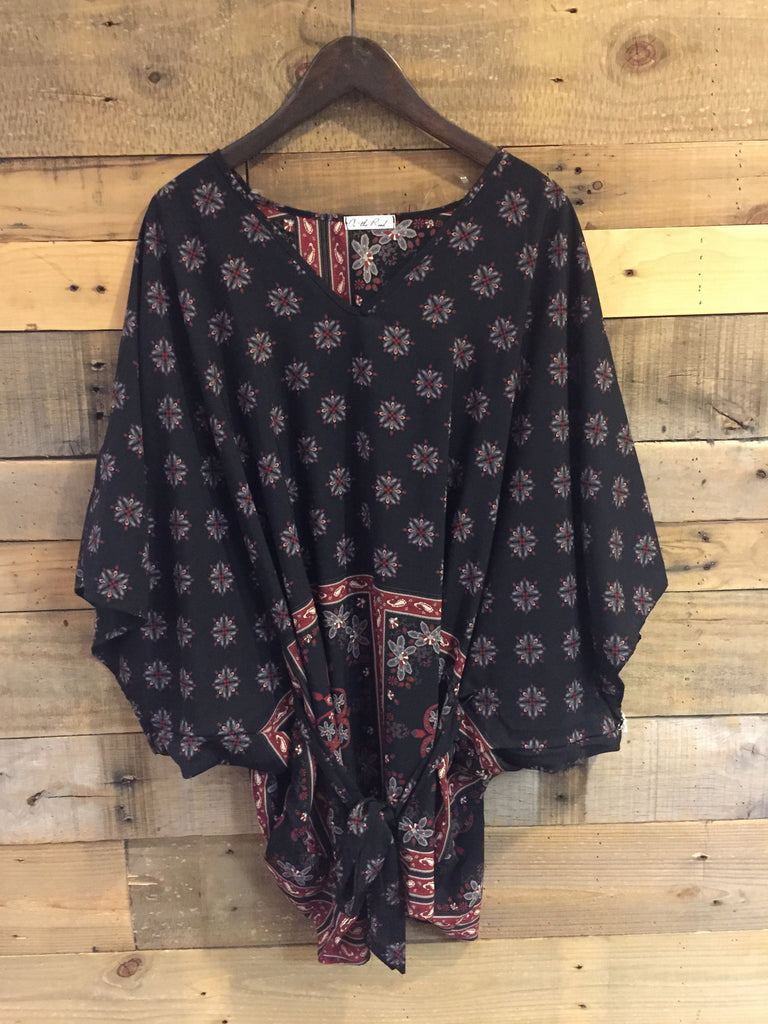 Ginny Black Patterned Tie Waist Poncho Blouse-On The Road-The Bugs Ear