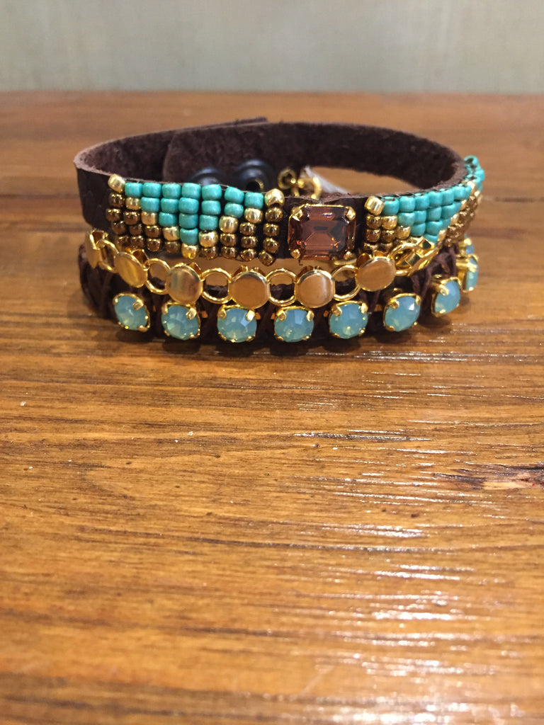 Maya Brown Leather Cuff With Pacific Opal Crystals-La Hola-The Bugs Ear