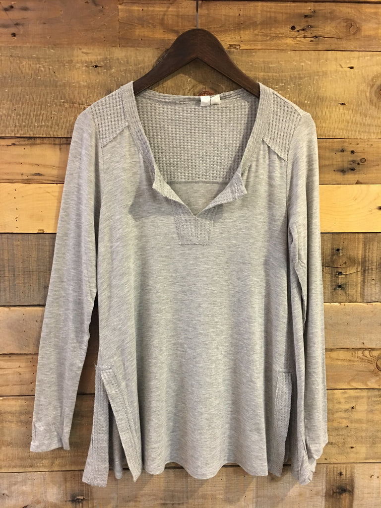 Robin Long Sleeve Top With Waffle Detail in Heather Grey-Others Follow-The Bugs Ear