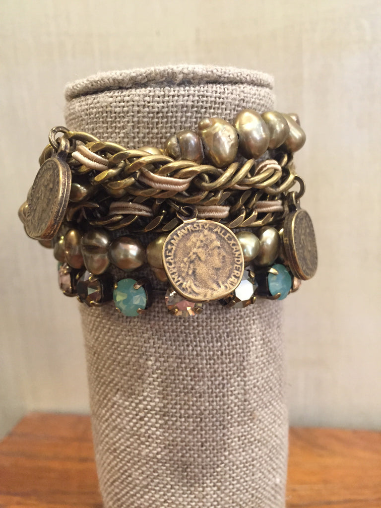 Efa Antique Gold Pearls and Turquoise Bracelet With Coins-La Hola-The Bugs Ear