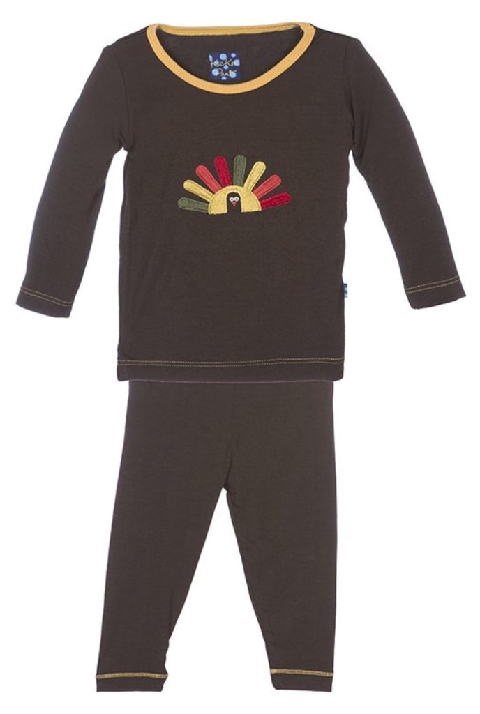 KicKee Pants Holiday Long Sleeve Applique Pajama Set in Bark Turkey-KicKee Pants-The Bugs Ear