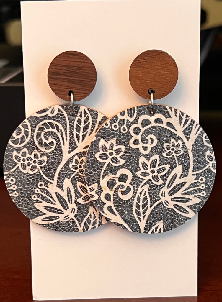 Wood Round Floral Lace Leather Cork Earrings-AIRYELLE DESIGNS-The Bugs Ear