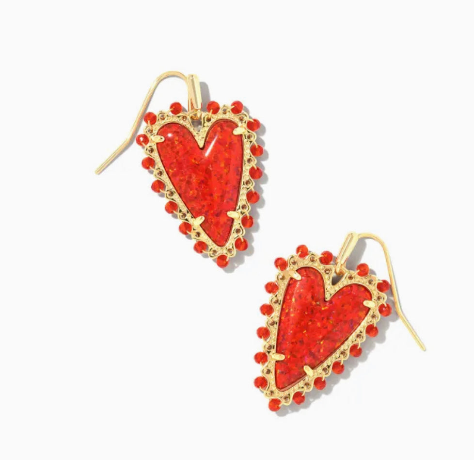 Kendra Scott Beaded Ansley Heart Gold Drop Earrings In Red Kyocera Opal-Kendra Scott-The Bugs Ear