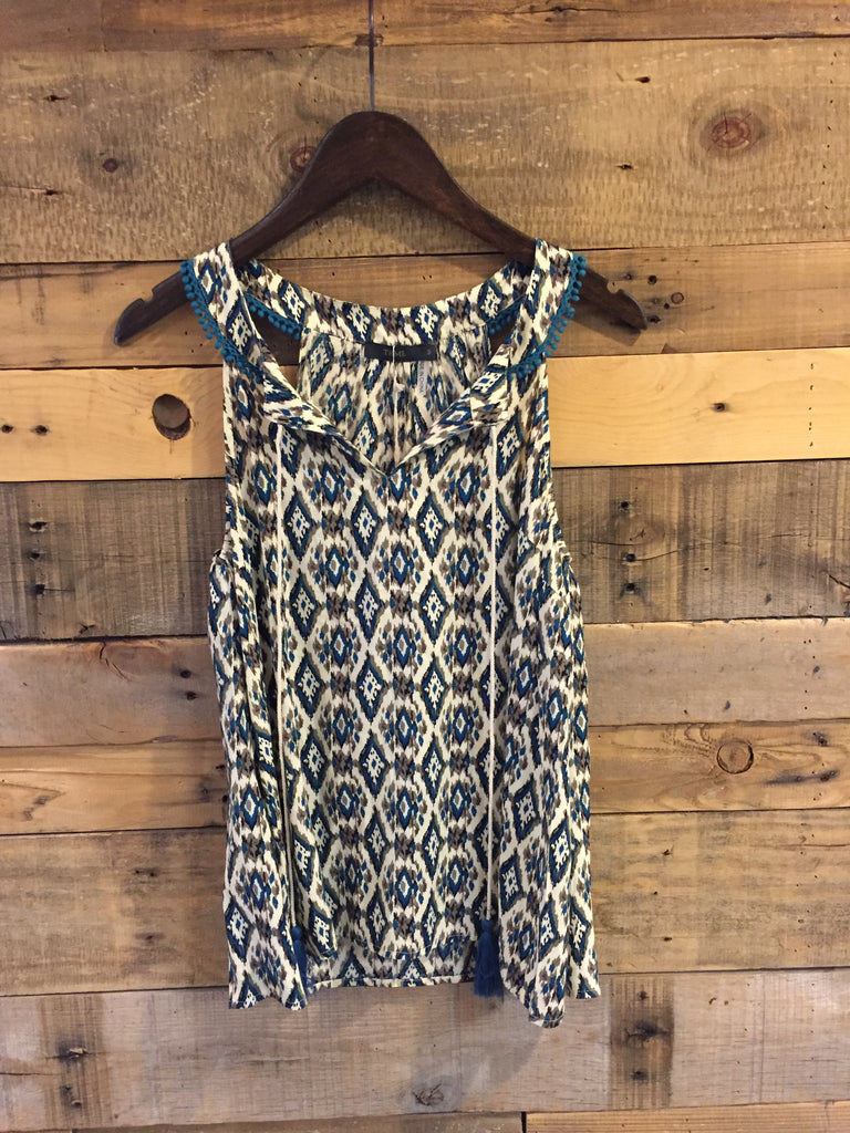 Winona Teal Patterned Sleeveless Top with Pom Detail-THML-The Bugs Ear