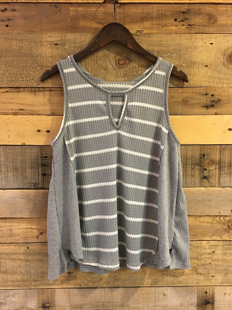 Gina Light Grey and Ivory Thermal Stripe Tank-Vintage Havana-The Bugs Ear