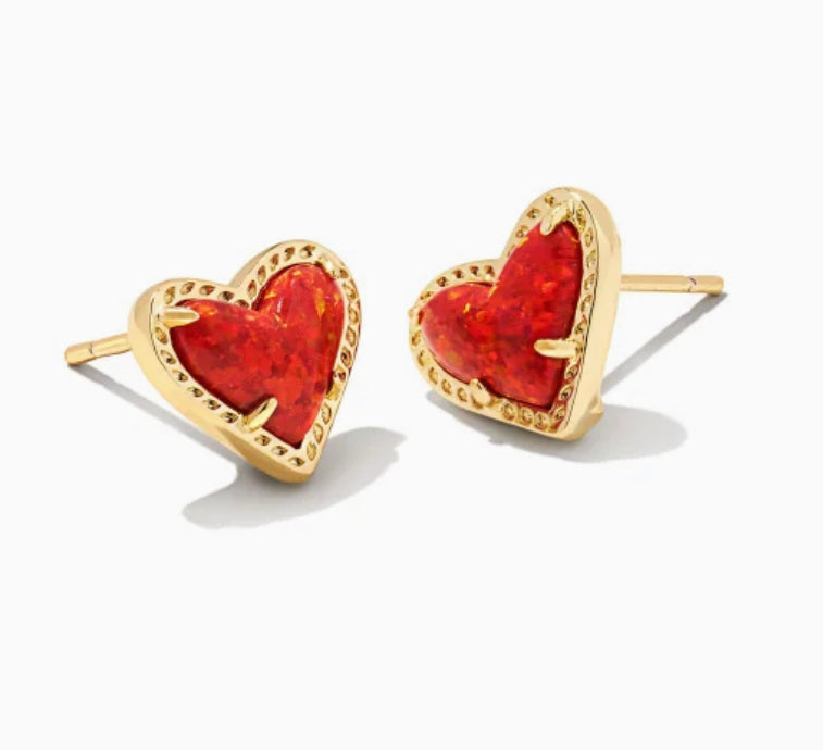 Kendra Scott Ari Heart Gold Stud Earrings In Red Kyocera Opal-Kendra Scott-The Bugs Ear