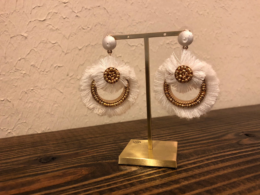 Genevieve Fan Tassel Earrings White-Caroline Hill Designs-The Bugs Ear