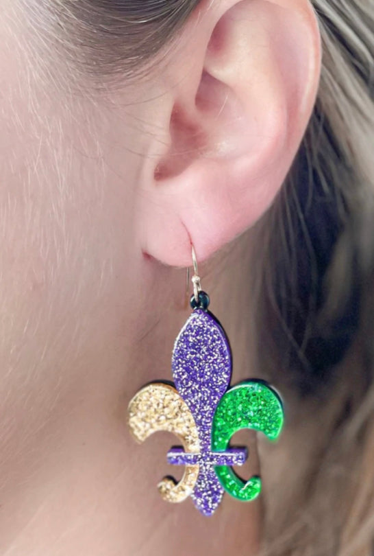 Acrylic Glitter Fleur de Lis Dangle Earrings-Prep Obsessed-The Bugs Ear