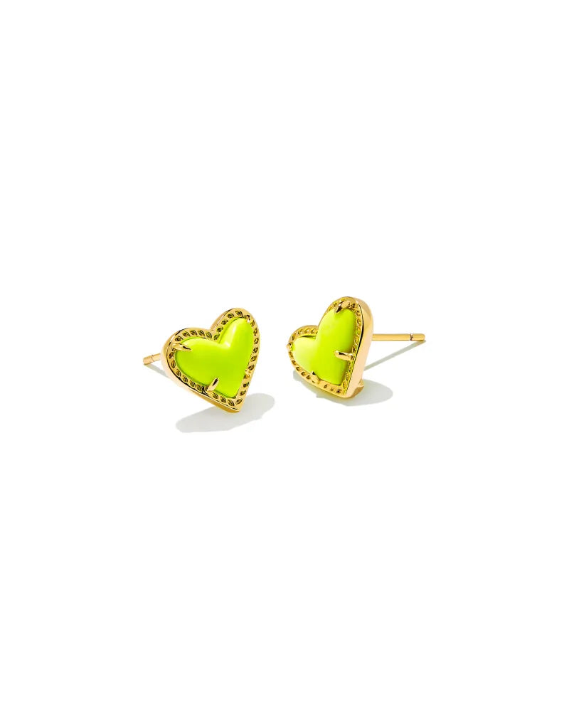 Kendra Scott Ari Heart Gold Stud Earrings in Neon Yellow Magnesite-Kendra Scott-The Bugs Ear