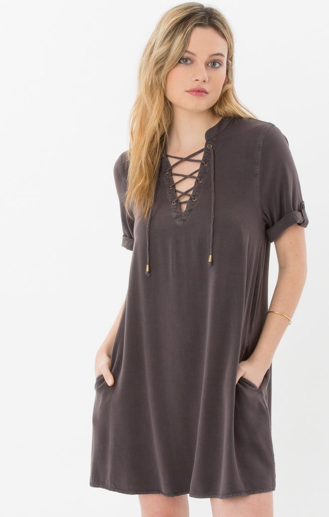 Latitude Lace Up Knit Dress in Pavement-Rag Poets-The Bugs Ear
