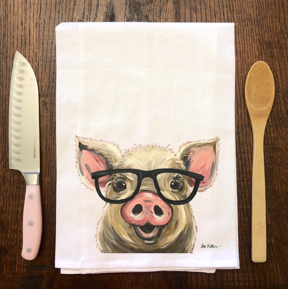 Pig with Glasses Flour Sack Towel-Hippie Hound Studio-The Bugs Ear
